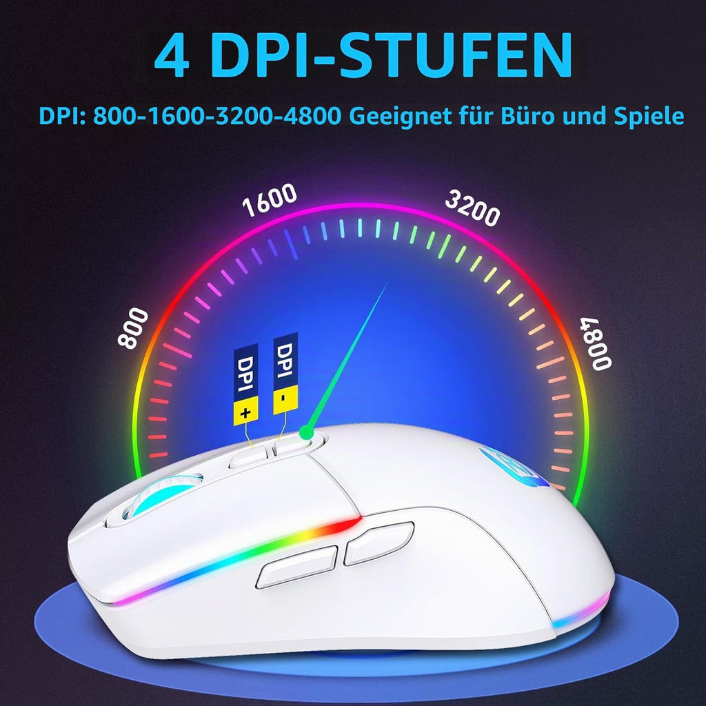 Kabellose Gaming Maus, Dual Mode 2.4Ghz/Bluetooth 5.1 Maus Gaming, RGB LED Hintergrundbeleuchtung, Ergonomische Maus Mit 6 Tasten, Wiederaufladbare Computer Maus Für PC, Mac, Laptop (Weiß)