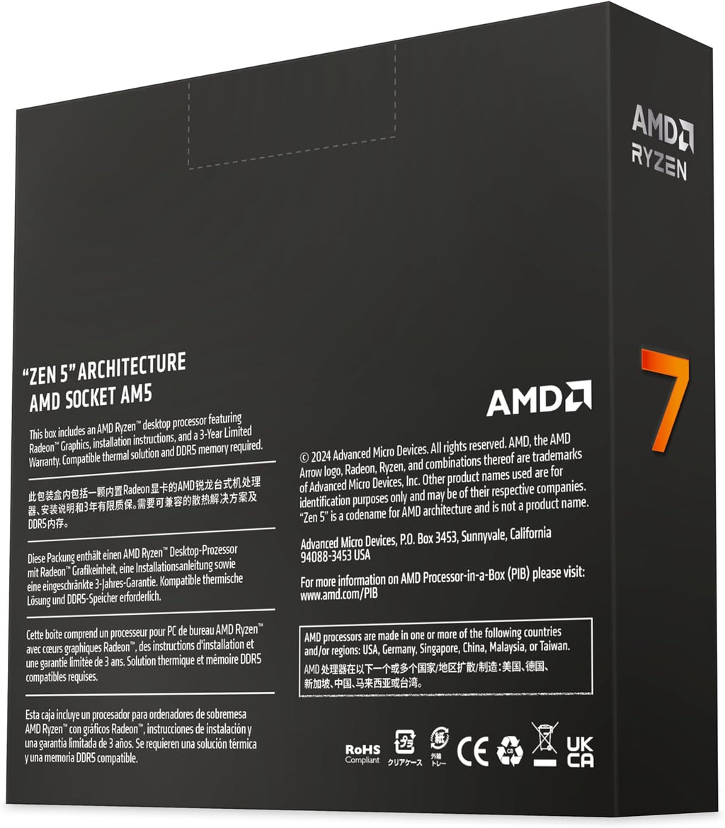 AMD Ryzen 7 9700X Prozessor (8 Kerne/16 Threads) 65W DTP, AM5 Sockel, 40MB Cache, Bis Zu 5.5 Ghz Max Boost Frequenz, Kein Kühler