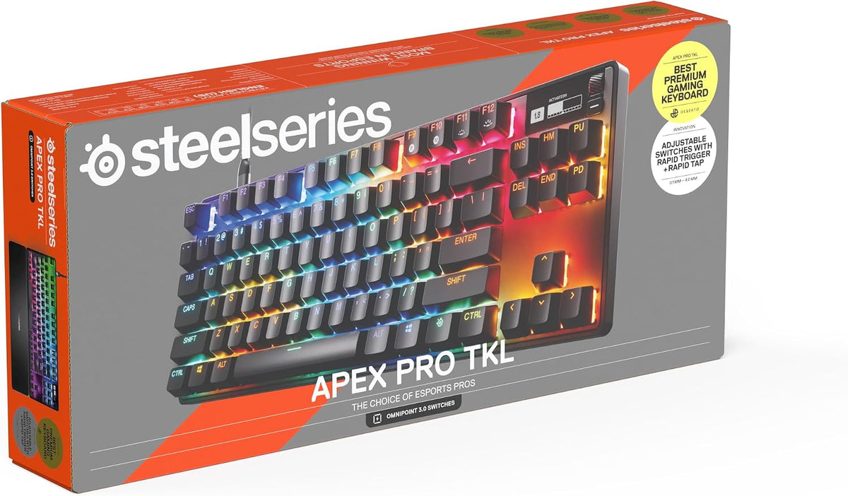 Steelseries APEX PRO TKL Gen-3-Gaming-Tastatur – Omnipoint 3.0 Analoge Magnetische Schalter, Quickset-Auto-Presets (Schnellabzug, Schnellantipp/Socd, Schutzmodus), OLED,RGB,PBT, USB-C, German QWERTZ
