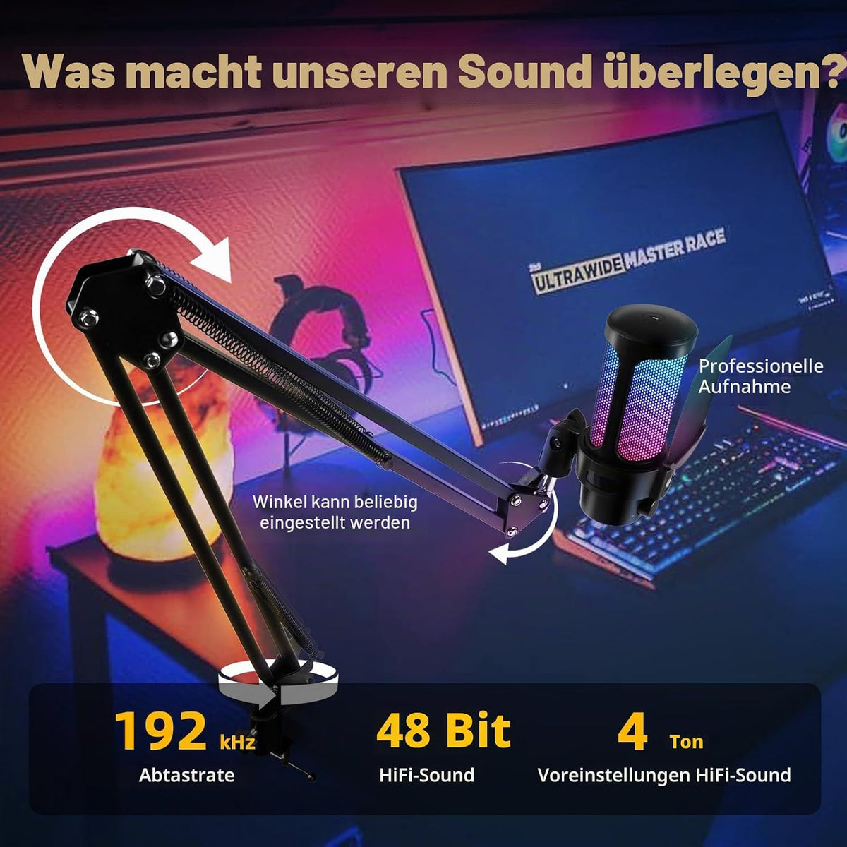 VCOM Gaming Mikrofon Mit Arm, USB Microphone Kit Mit RGB Modi, Mute