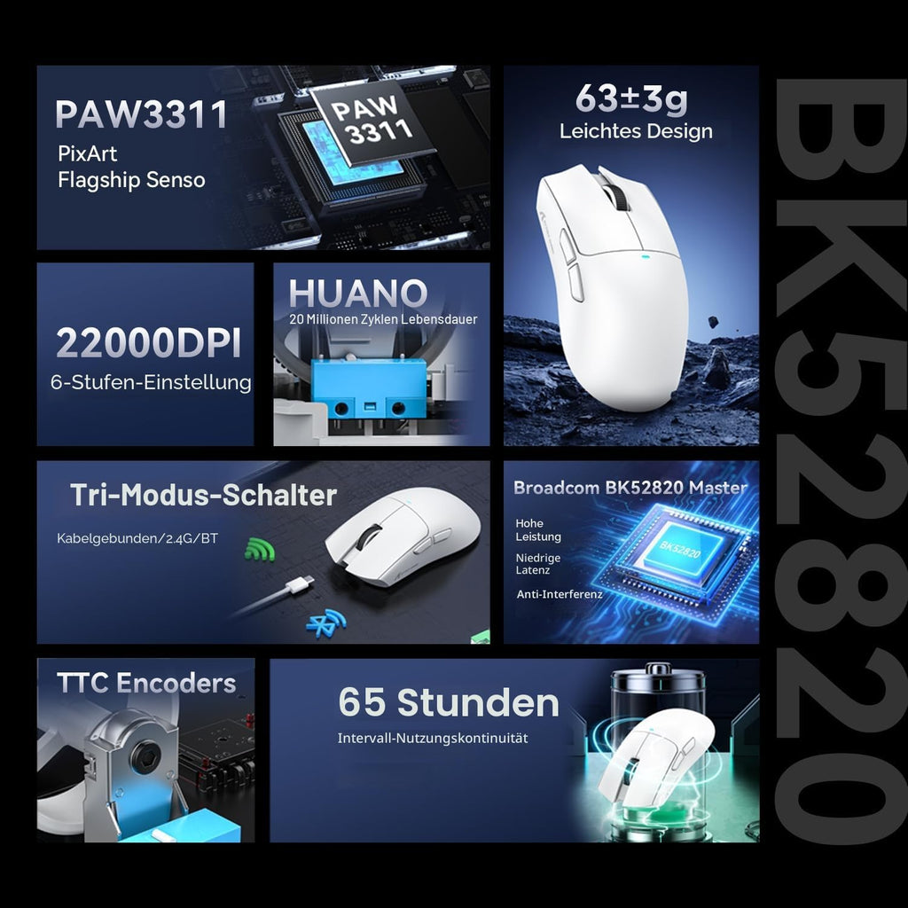 ATTACK SHARK X11SE Kabellose Gaming-Maus, 63G Superleicht, Mit Pixart Paw3311-Sensor, 22000 DPI, Tri-Mode BT/2,4 Ghz/Kabelgebunden, 1000Hz, 300Mah Battery, Dual-Treiber, Für Pc/Xbox/Ps/Mac, Schwarz