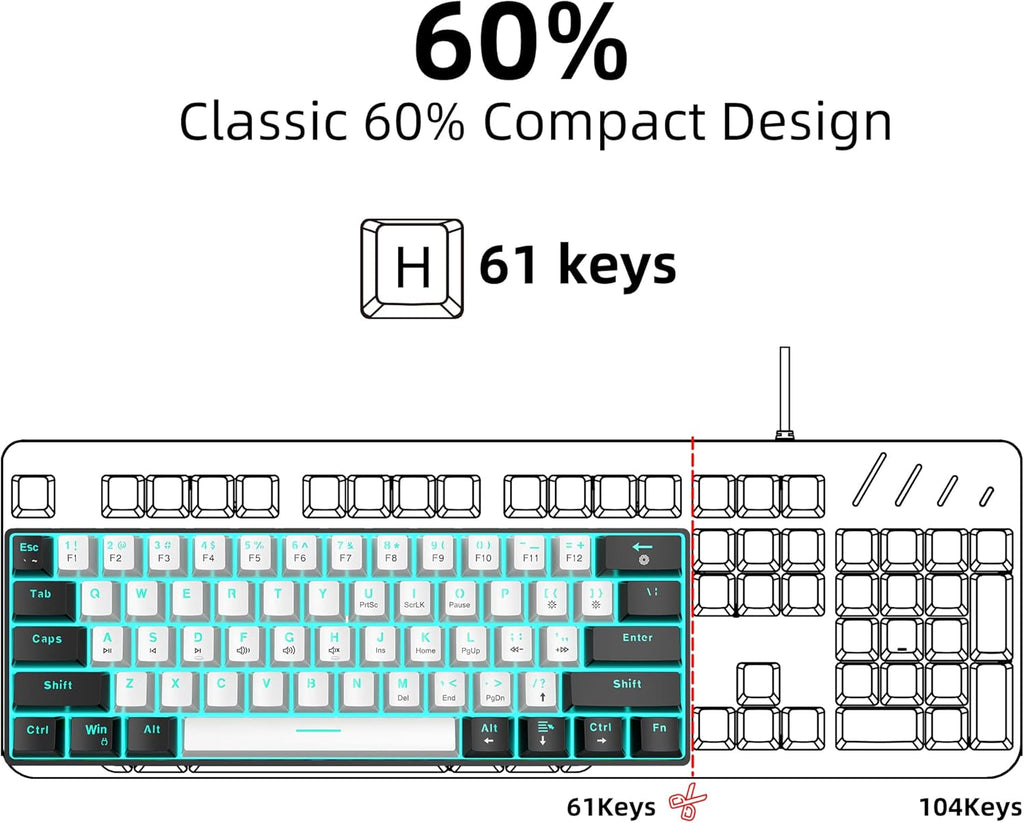 Snpurdiri 60% Kabelgebundene Mechanische Gaming-Tastatur, 61 Anti-Ghosting-Tasten, Blaue Led-Hintergrundbeleuchtung, Ultrakompakte Zwei Ständer(Braune Schalter/Schwarz Weiß)