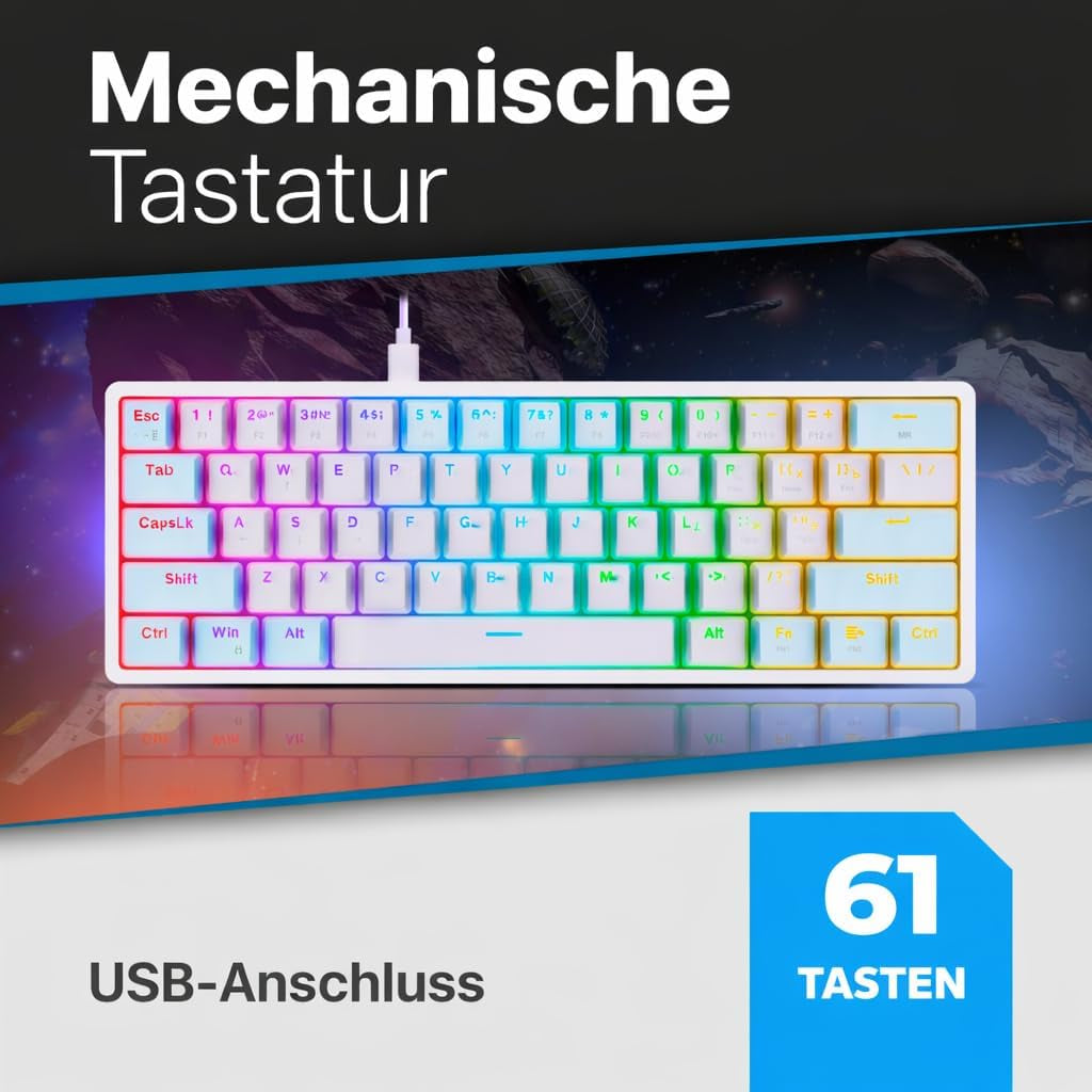 Defender® AMOX GK-585 Ultrakompakte Mechanische Tastatur – 61 Tasten Doppeleinspritzung + Hot Swap Auf OUTEMU Brown-Schaltern + Abnehmbares Typ-C-Kabel, Weiß