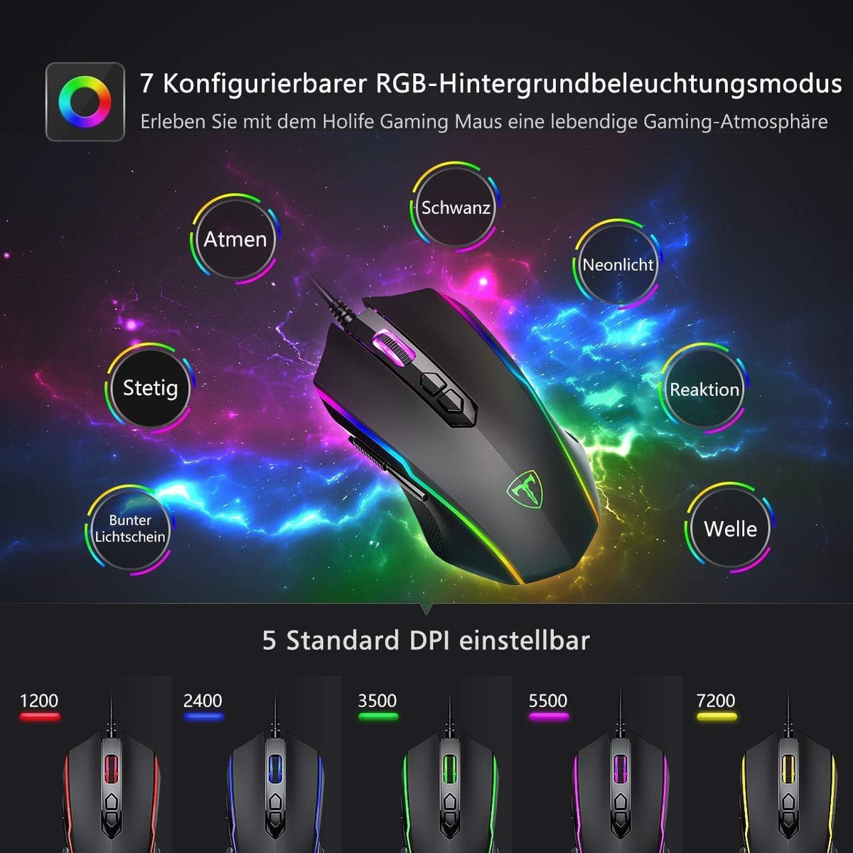 RGB Gaming Maus,Gamer Maus Mit 8 Programmierbare Tasten 7200Dpi/Rgb-Beleuchtung/Anpassbare Spielprofile,Usb-Wired Mit Ergonomisches Design Für MMO, MOBA Oder FPS Games Für Pc/Mac