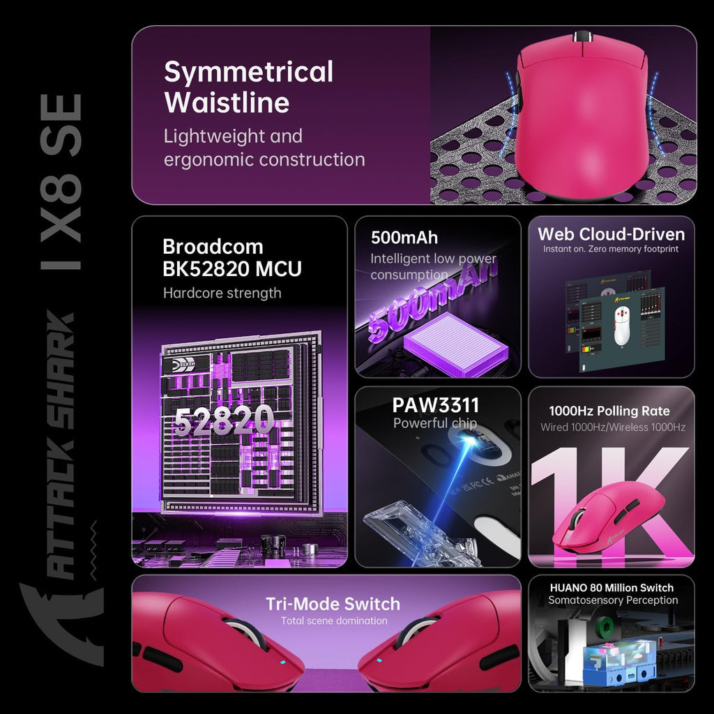 ATTACK SHARK X8SE Mouse for Large Hand, 55G Superlight, Pixart PAW3311 Gaming Sensor, BT/2.4G Wireless/Wired, Adjustable DPI up to 25000, 500Mah Battery (Berry Red)