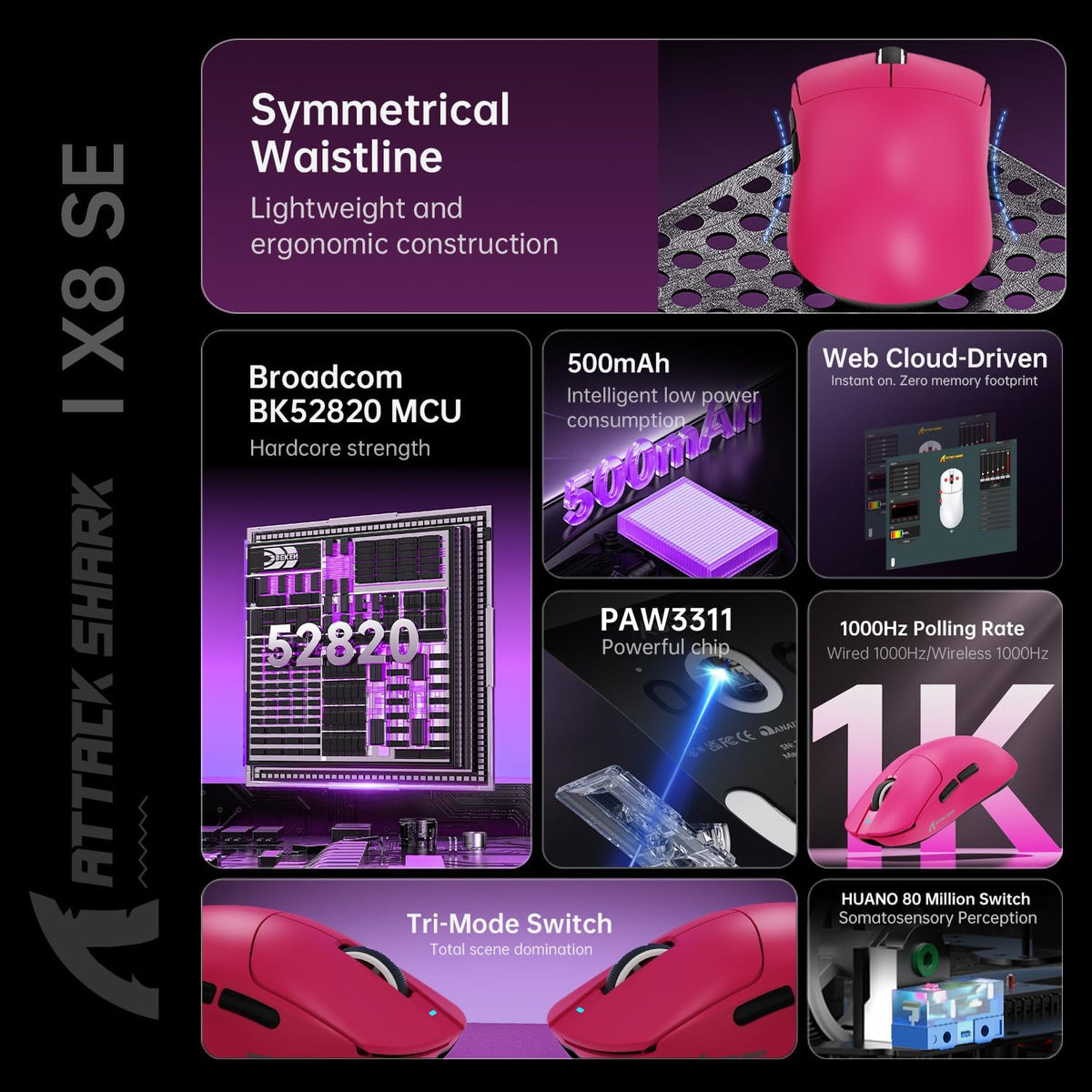 ATTACK SHARK X8SE Mouse for Large Hand, 55G Superlight, Pixart PAW3311 Gaming Sensor, BT/2.4G Wireless/Wired, Adjustable DPI up to 25000, 500Mah Battery (Berry Red)