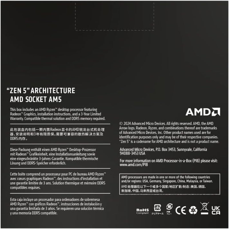 AMD Ryzen 7 9700X Prozessor (8 Kerne/16 Threads) 65W DTP, AM5 Sockel, 40MB Cache, Bis Zu 5.5 Ghz Max Boost Frequenz, Kein Kühler