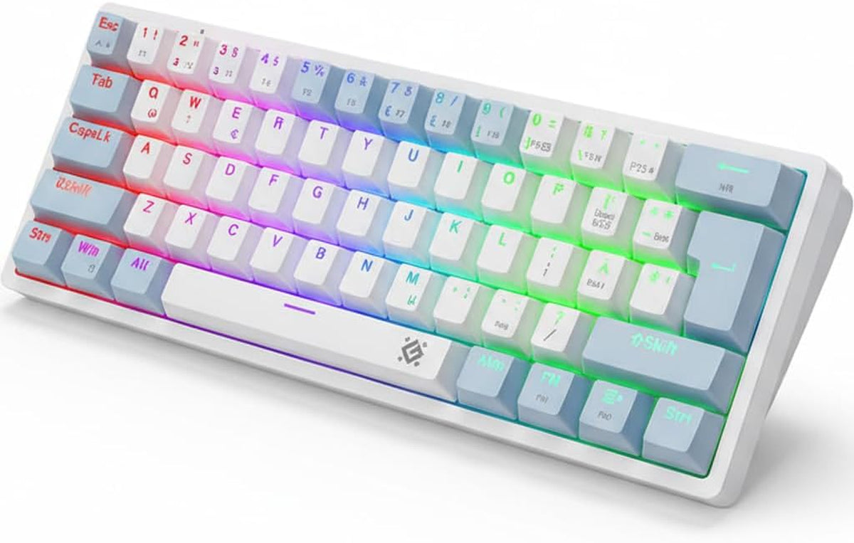 Defender® AMOX GK-585 Ultrakompakte Mechanische Tastatur – 61 Tasten Doppeleinspritzung + Hot Swap Auf OUTEMU Brown-Schaltern + Abnehmbares Typ-C-Kabel, Weiß
