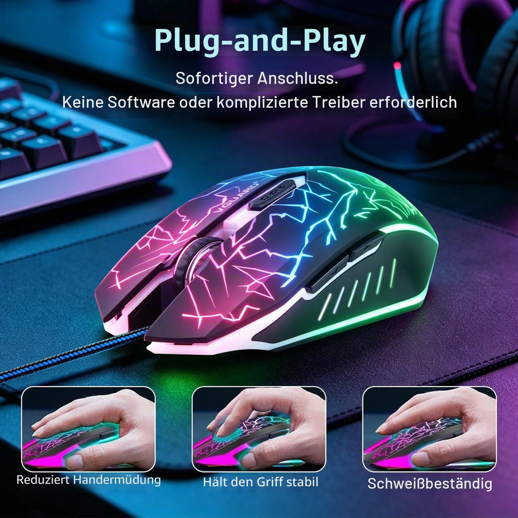 Wired Gaming Maus, 3600 DPI, 6 Programmierbare Tasten, Schwarz