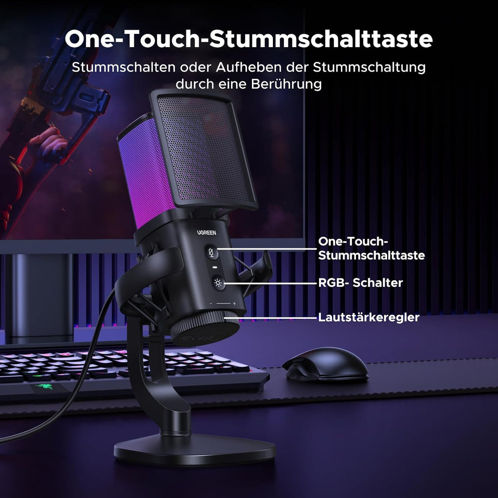 UGREEN Gaming Mikrofon Mit RGB, Dsp-Rauschunterdrückung, 96Khz/24Bit