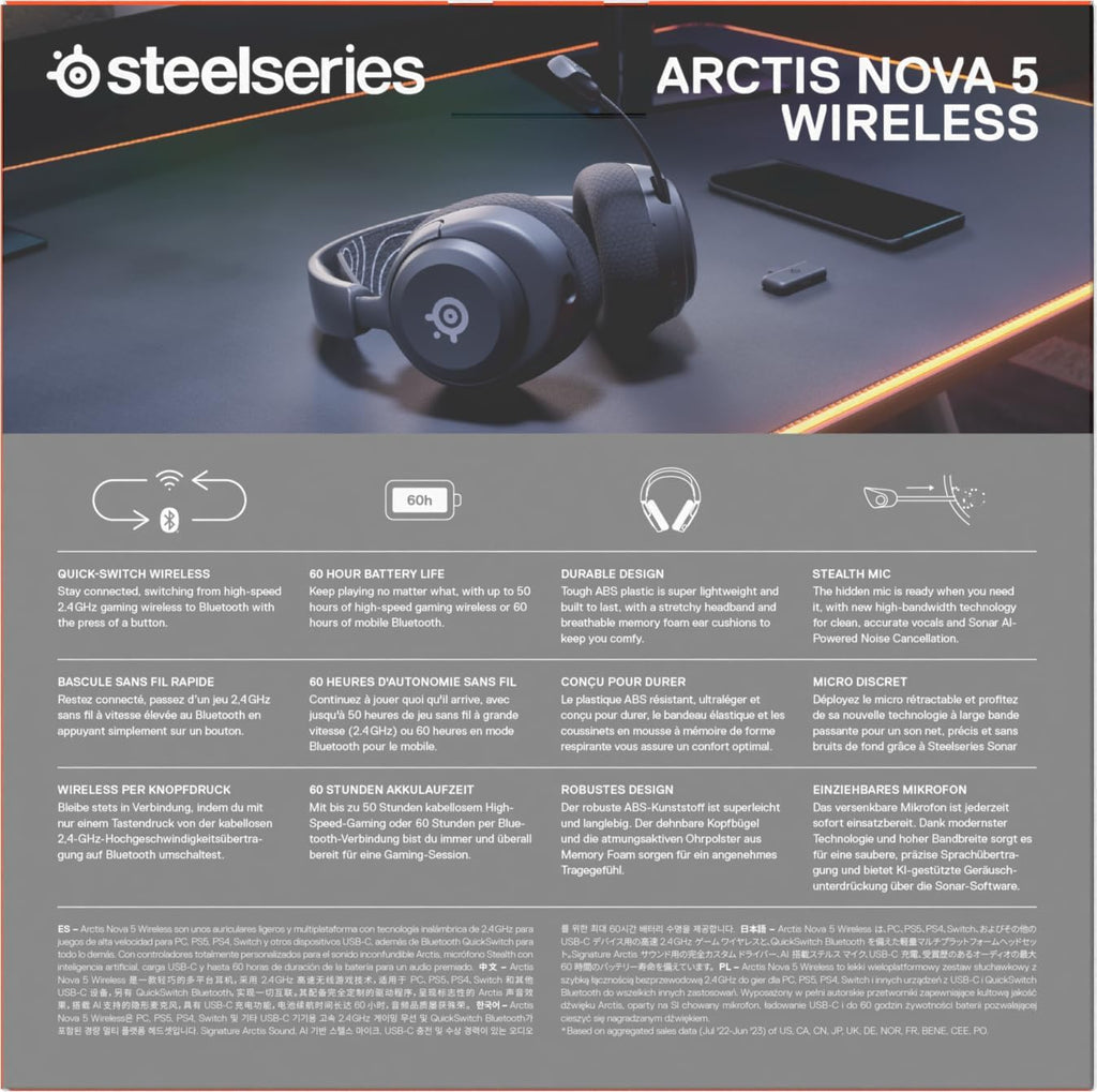 Steelseries Arctis Nova 5 Wireless - Gaming Headset- Multi-System -PC,PS5 - Magnetische Neodym-Treiber -Über 100 Audio Presets - 60H Akkulaufzeit - 2,4 Ghz Oder Bt-Clearcast Gen2.X-Mik