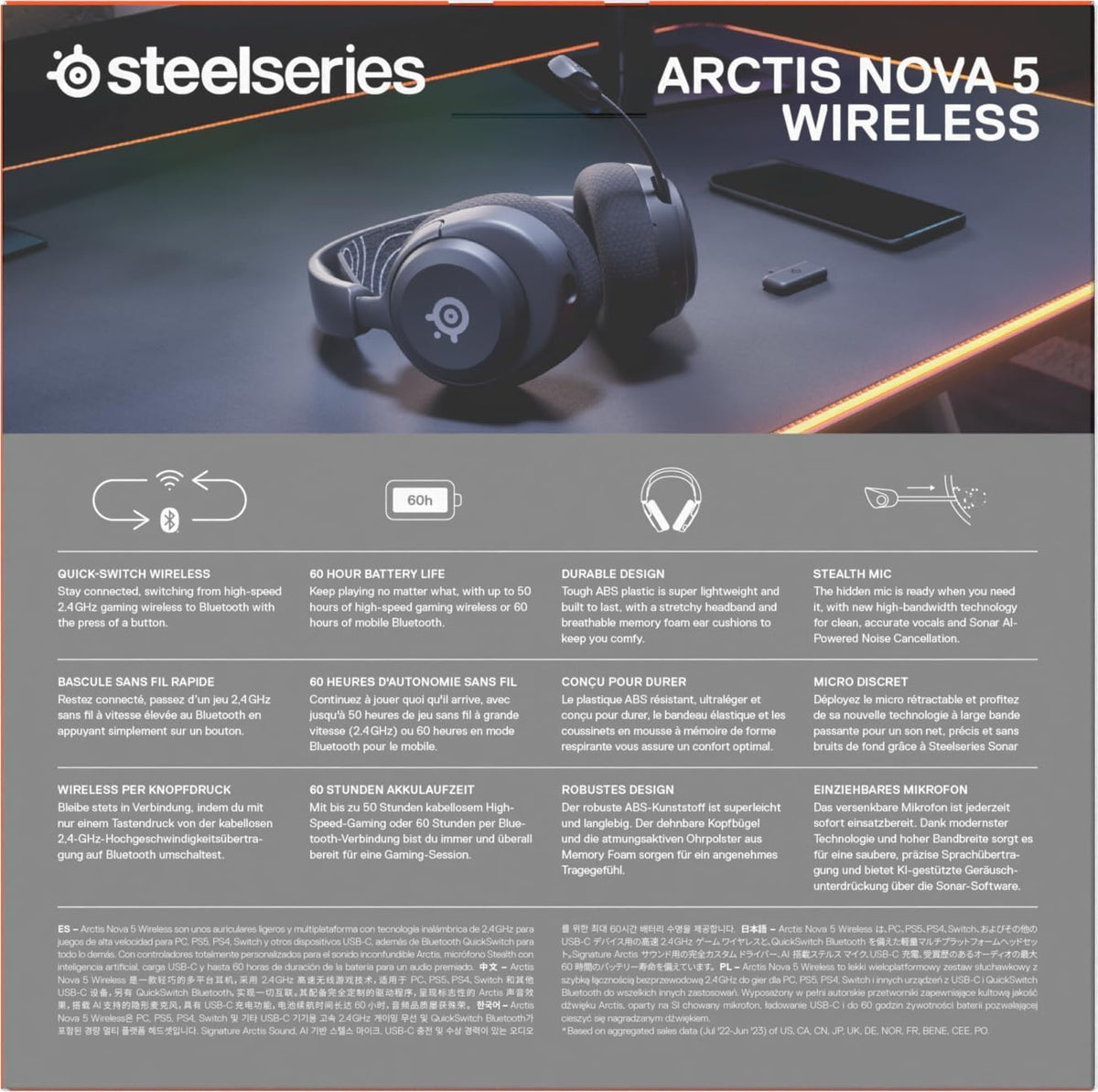 Steelseries Arctis Nova 5 Wireless - Gaming Headset- Multi-System -PC,PS5 - Magnetische Neodym-Treiber -Über 100 Audio Presets - 60H Akkulaufzeit - 2,4 Ghz Oder Bt-Clearcast Gen2.X-Mik