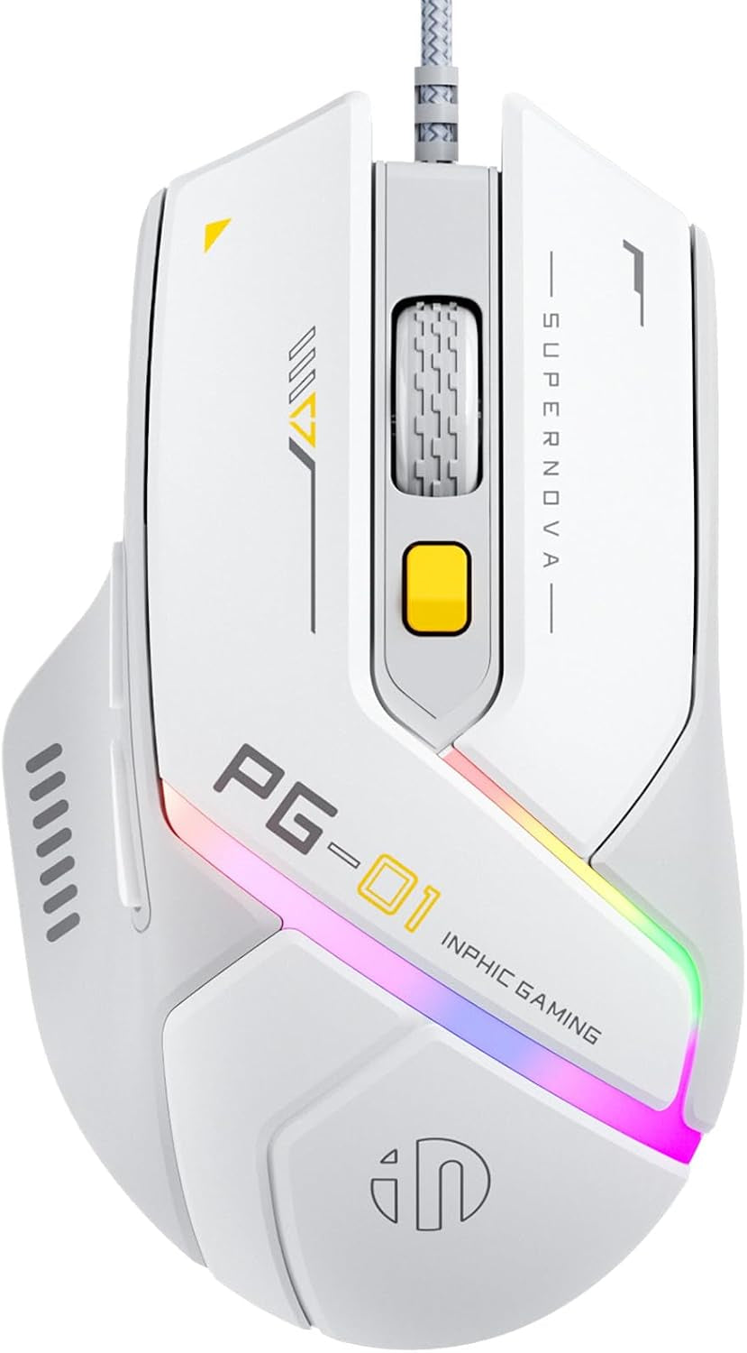 Inphic PG1 Gaming Maus Mit Kabel, 12800 DPI Hochpräzise, 6 Programmierbare Tasten, Atmungsaktive RGB Hintergrundbeleuchtung Ergonomische PC Maus Kabel Für Computer/Mac/Laptop - Weiß