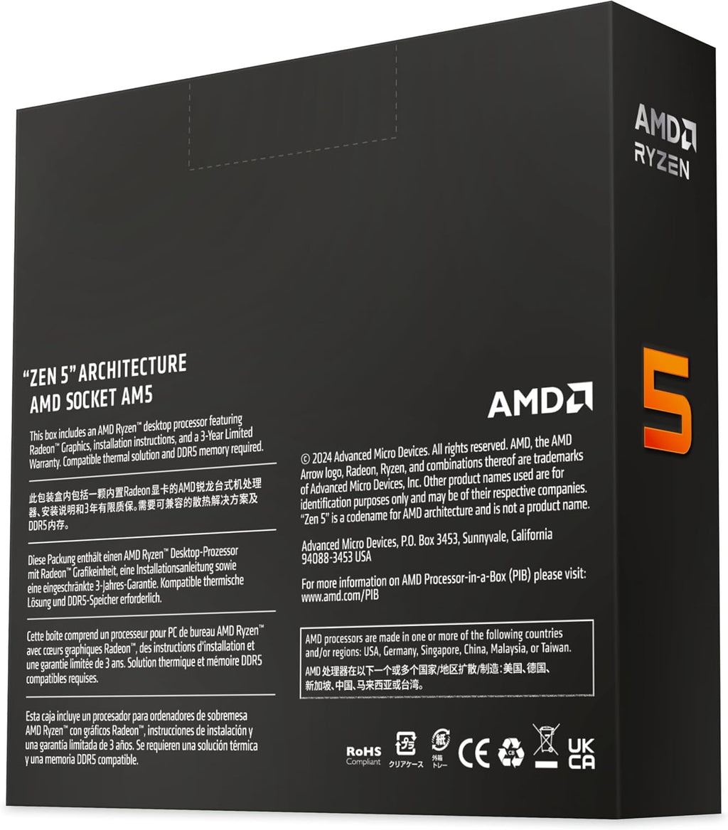 AMD Ryzen 5 9600X Prozessor (Radeon Grafik Included, 6 Kerne/12 Threads, 65W DTP, Sockel AM5, Cache 38MB, Bis Zu 5.4 Ghz Max Boost Frequenz, Kein Kühler)