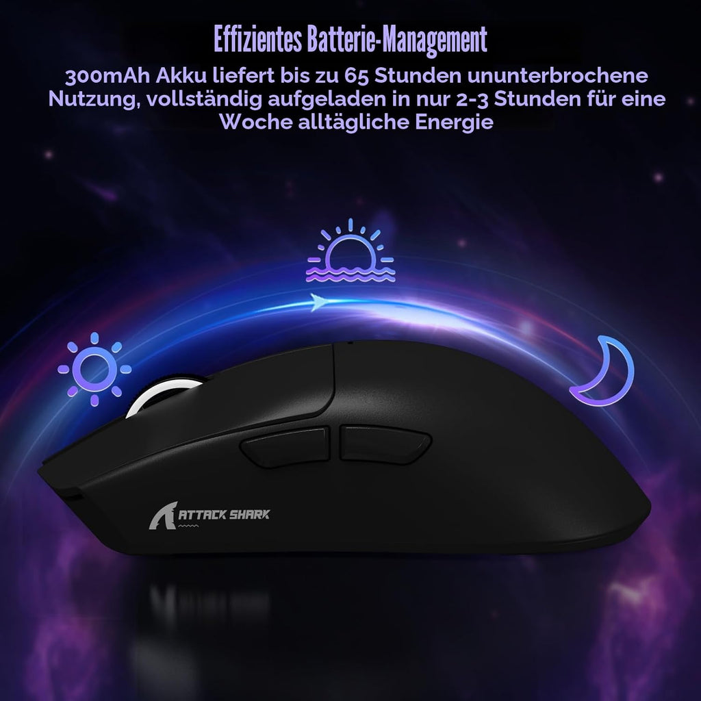 ATTACK SHARK X11SE Kabellose Gaming-Maus, 63G Superleicht, Mit Pixart Paw3311-Sensor, 22000 DPI, Tri-Mode BT/2,4 Ghz/Kabelgebunden, 1000Hz, 300Mah Battery, Dual-Treiber, Für Pc/Xbox/Ps/Mac, Schwarz