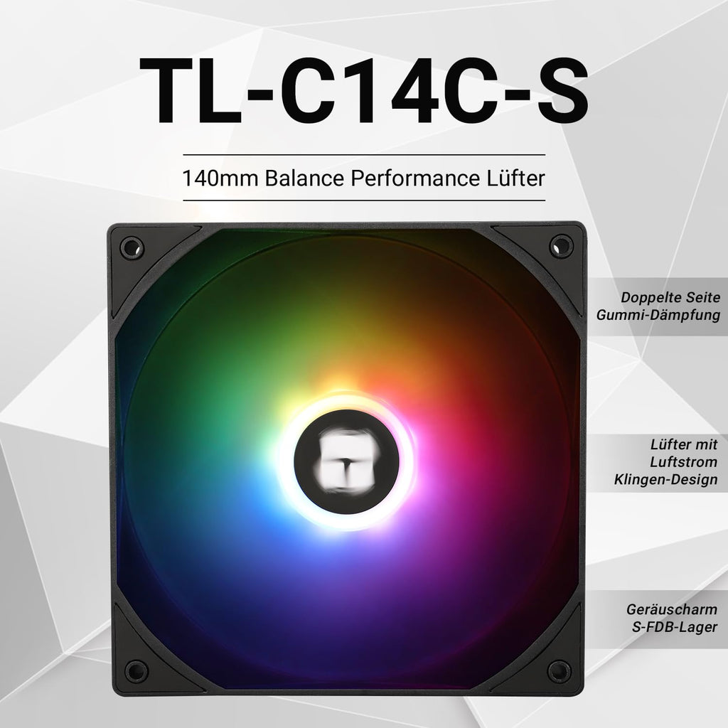 Thermalright TL-C14C-S Cpu-Lüfter 140Mm Argb-Gehäusekühlerlüfter, 4Pin PWM Silent Computerlüfter Mit S-Fdb-Lager Im Lieferumfang Enthalten, Bis Zu 1500 U/Min Lüfter