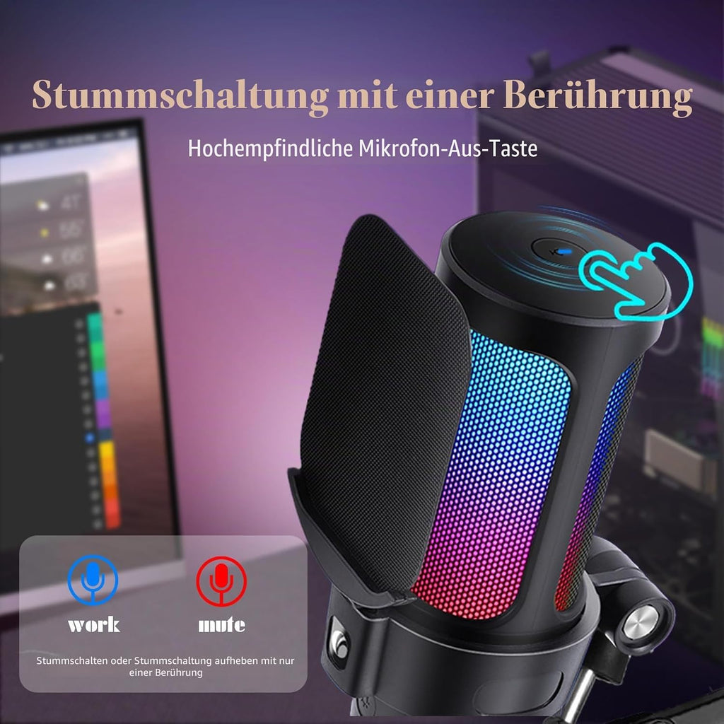 VCOM Gaming Mikrofon Mit Arm, USB Microphone Kit Mit RGB Modi, Mute