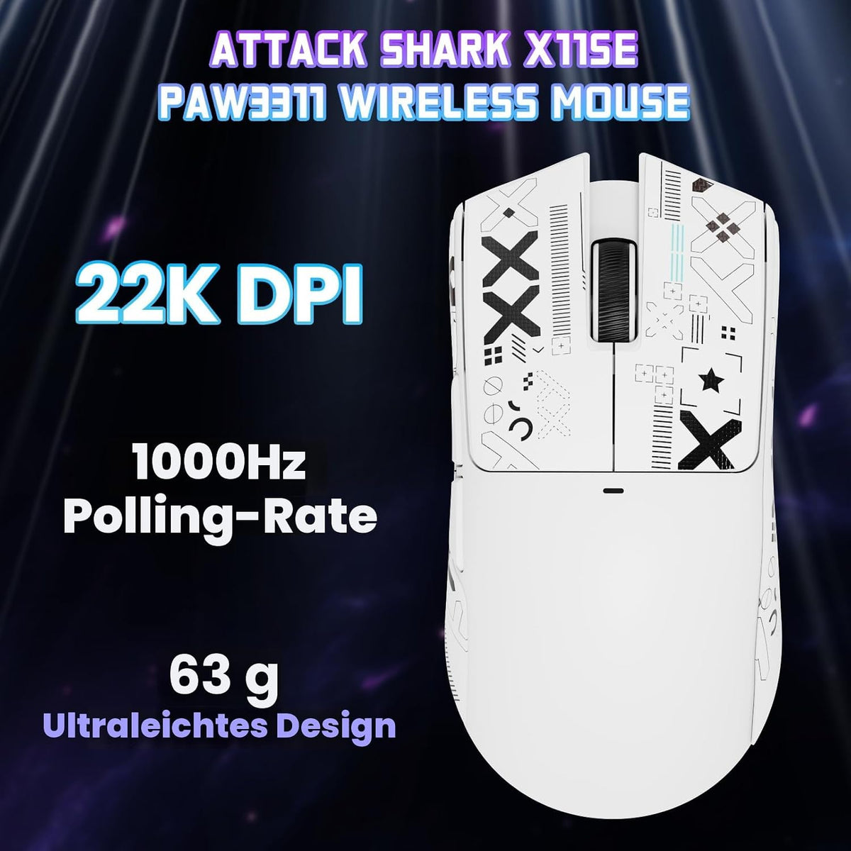ATTACK SHARK X11SE Kabellose Gaming-Maus, 63G Superleicht, Mit Pixart Paw3311-Sensor, 22000 DPI, Tri-Mode BT/2,4 Ghz/Kabelgebunden, 1000Hz, 300Mah, Dual-Treiber, Für Pc/Xbox/Ps/Mac, Weiß Mit Klebeband