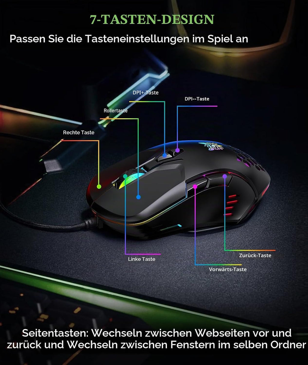 Kabelgebundene Pc-Gaming-Maus: Hochpräziser Sensor, Rgb-Hintergrundbeleuchtung, Einstellbare DPI, 7 Programmierbare Tasten, Ergonomische Maus Für Büro Und Gaming Unter Windows/Mac/Linux/Chrome OS