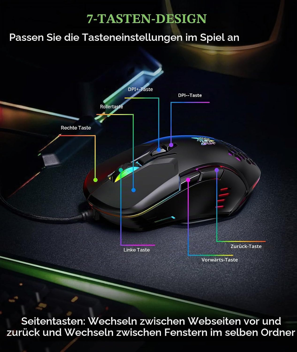 Kabelgebundene Pc-Gaming-Maus: Hochpräziser Sensor, Rgb-Hintergrundbeleuchtung, Einstellbare DPI, 7 Programmierbare Tasten, Ergonomische Maus Für Büro Und Gaming Unter Windows/Mac/Linux/Chrome OS