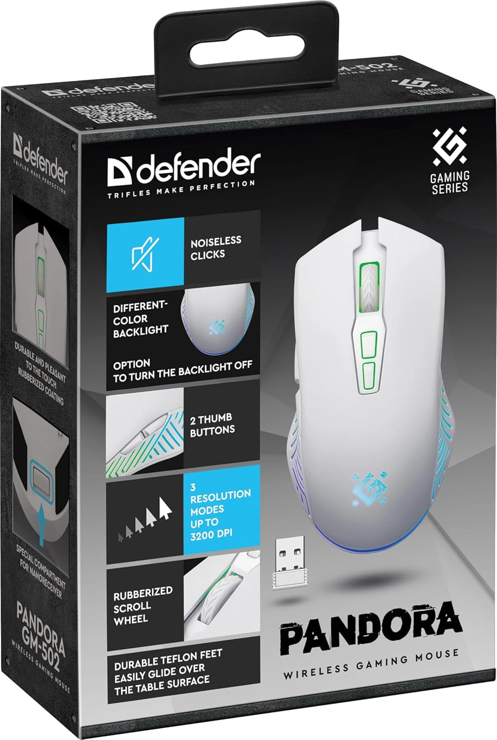 Defender® Pandora Kabellose Gaming Maus - Geräuschlose Klicks - 5 Programmierbare Tasten - Rgb-Beleuchtung(On/Off) - Bis Zu 120 Hrs Akkulaufzeit - Wireless Gamer Maus Für PC, Mac, Laptop, Weiß