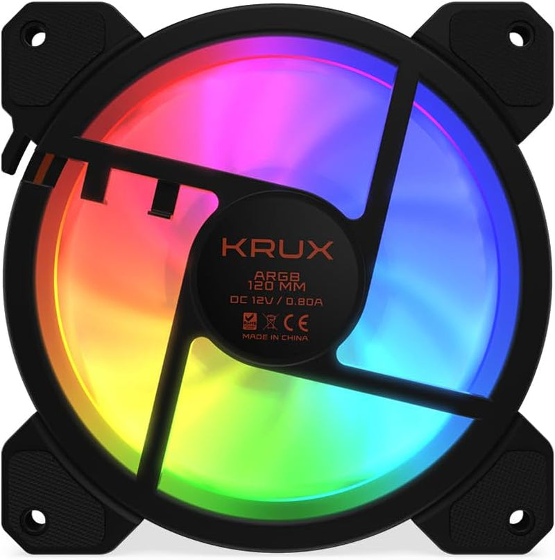 KRUX Lunar ARGB 120 Mm Gehäuselüfter, Adressierbare Rgb-Beleuchtung (16 Leds), 1200 U/Min, Hydraulisches Lager (HBS), Anti-Vibrations-Pads, 3 Pin ARGB & Lüfteranschluss Mit Splitter