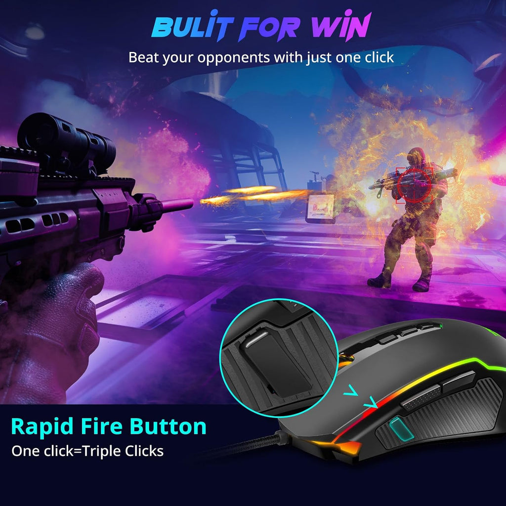 Redragon Gaming Maus, Gaming Mouse Mit RGB Und Einstellbar 8000 DPI, Maus Mit 9 Programmierbare Tasten Und Feuertaste, RGB Gaming Maus Mit Ergonomisches Design F¨¹R Mmo/Fps/Pc/Windows/Mac, M910-K