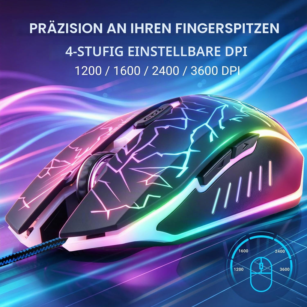 Wired Gaming Maus, 3600 DPI, 6 Programmierbare Tasten, Schwarz