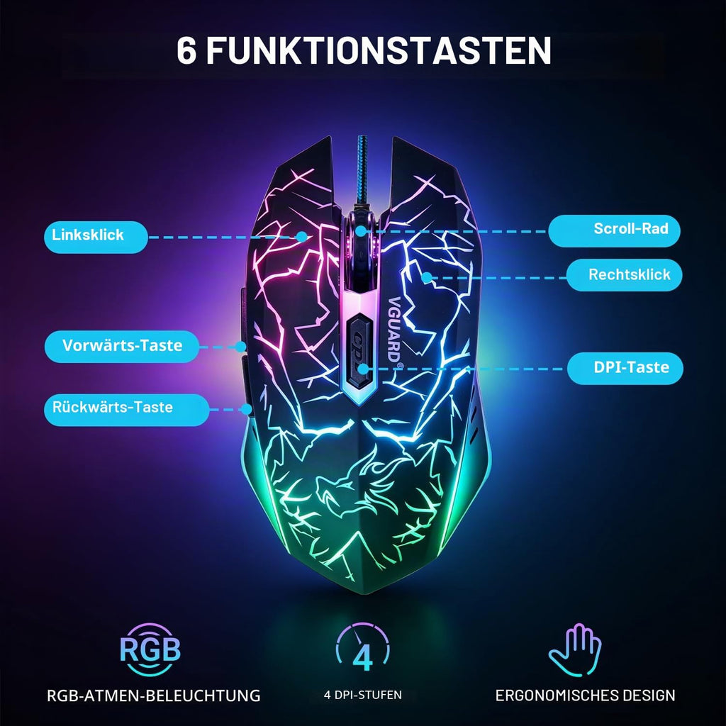 Wired Gaming Maus, 3600 DPI, 6 Programmierbare Tasten, Schwarz