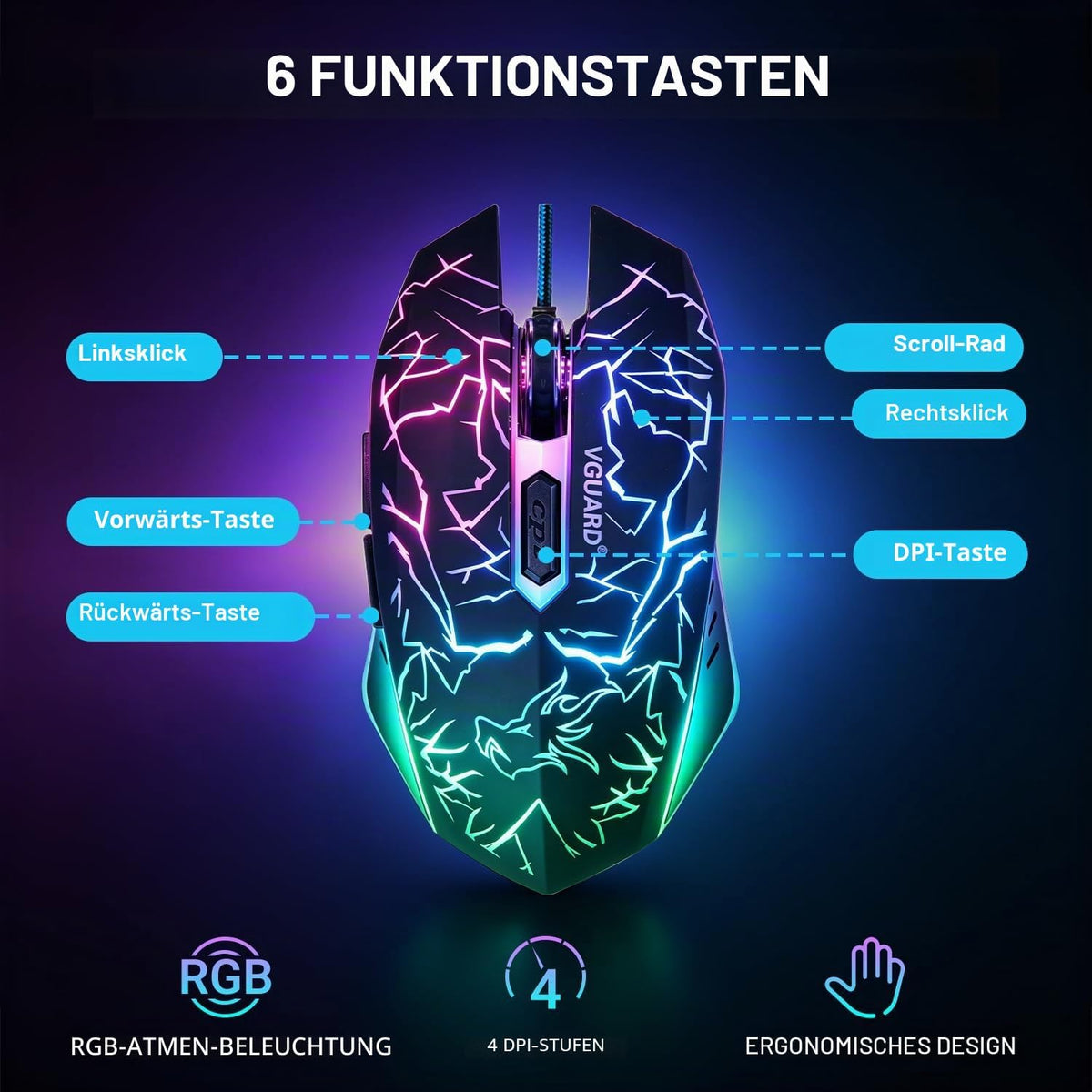 Wired Gaming Maus, 3600 DPI, 6 Programmierbare Tasten, Schwarz