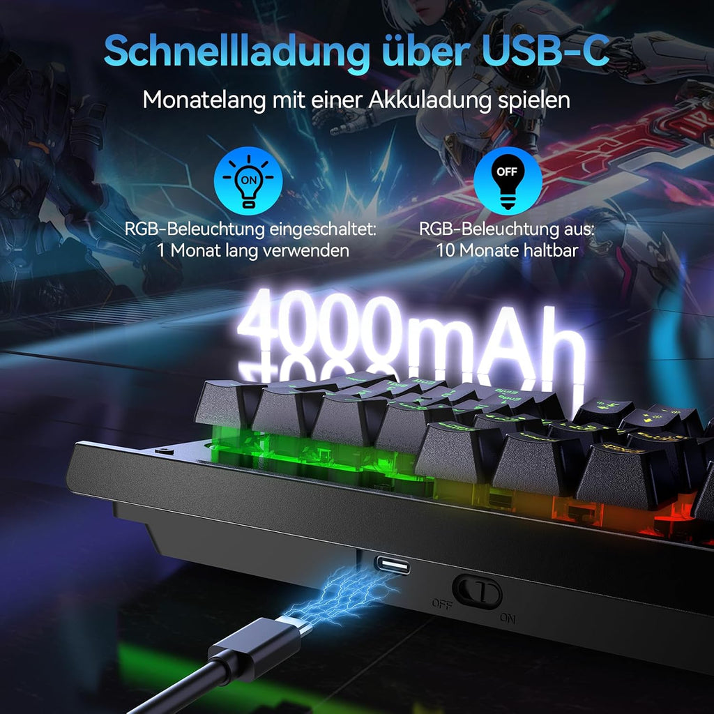 TECKNET Gaming-Tastatur Kabellos, Qwertz-Tastatur, Deutsches Layout