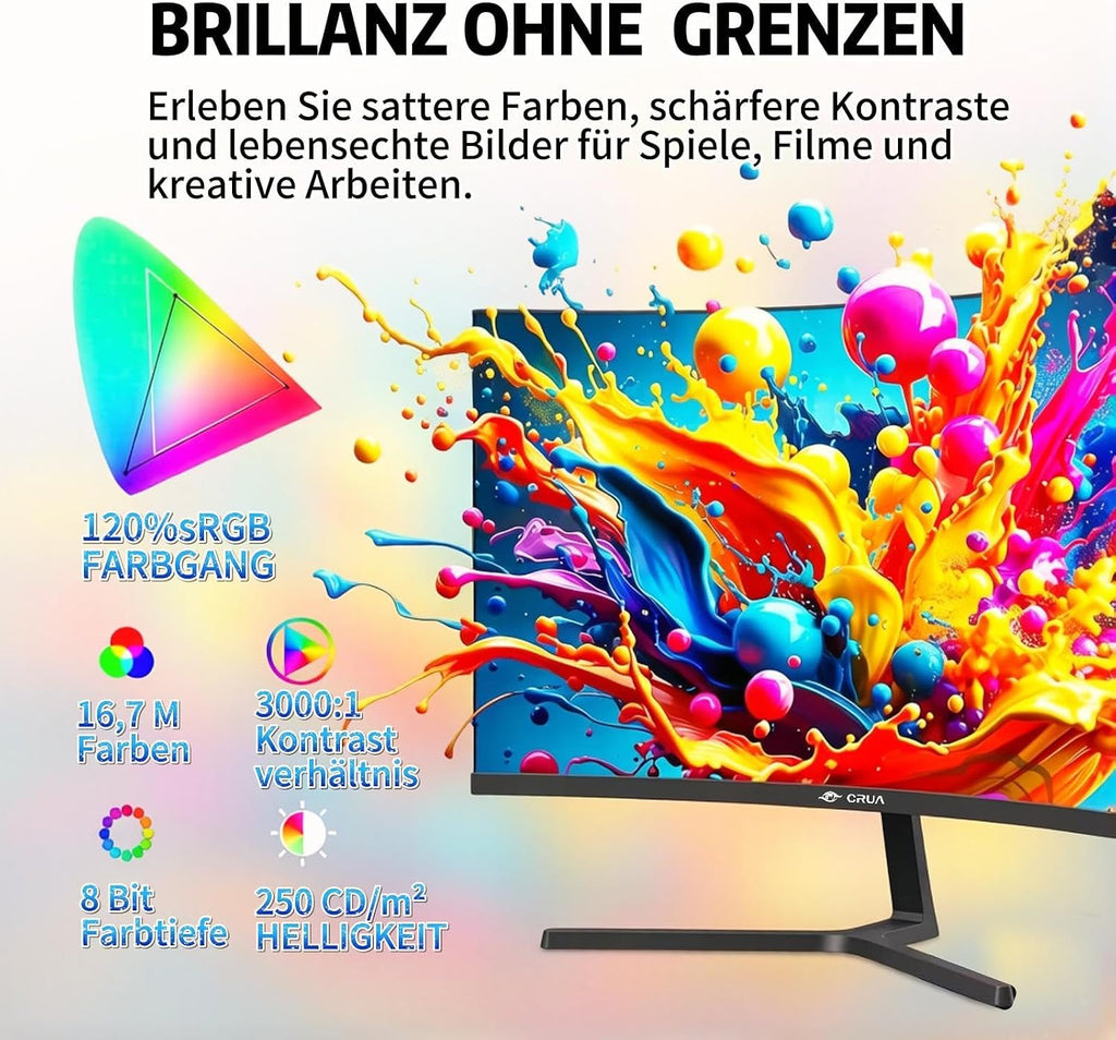CRUA 24 165Hz Gaming-Monitor, Curved FHD 1920 X 1080P, Integrierte Lautsprecher, 120% Srgb-Farbraumabdeckung, AMD Freesync, Geringe Bewegungsunschärfe, Wandmontage Möglich, Für Büro Und Spiele
