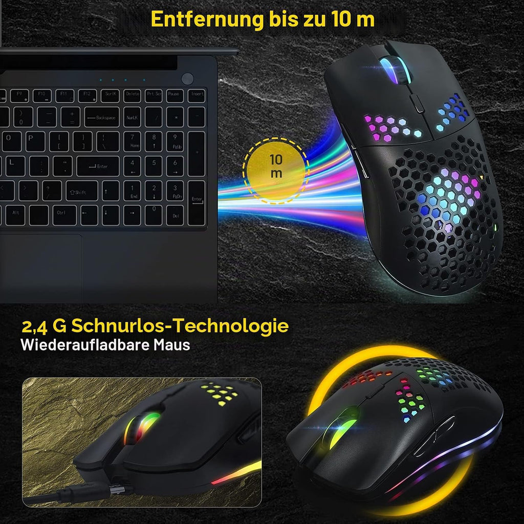 Kabellose Gaming-Maus Mit Wabenhülle, 11 Rgb-Chroma-Hintergrundbeleuchtung, 3400 DPI, 6 Programmierte Tasten, Usb-Empfänger, Energiesparend, Kabellose Maus Für Pc/Mac/Computer