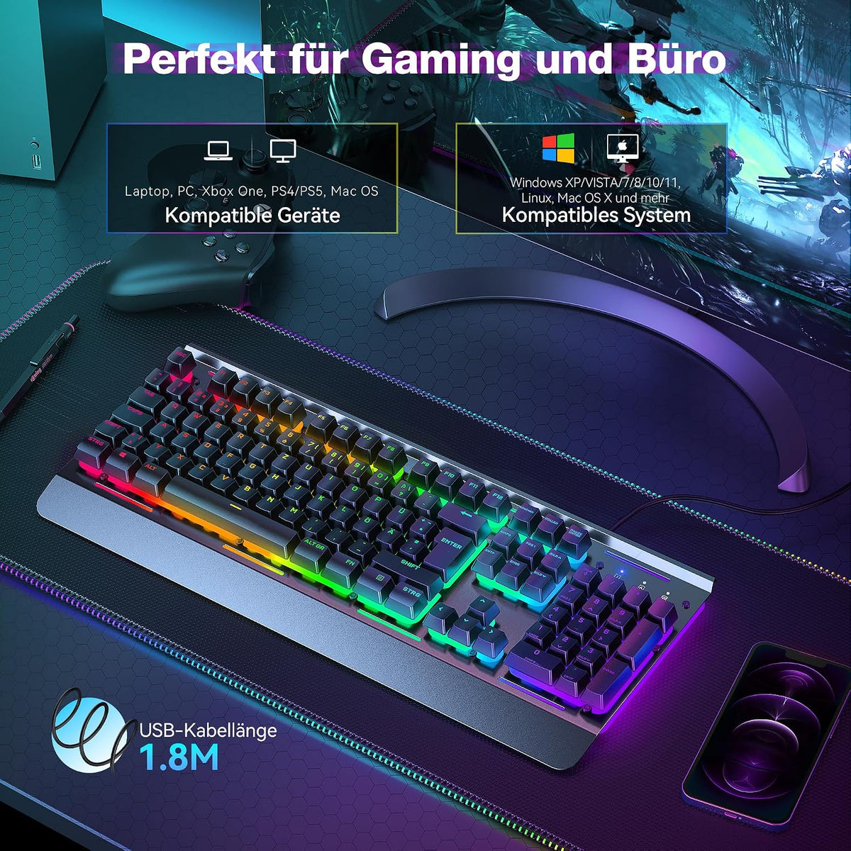 TECKNET Gaming Tastatur 105 Tasten Membrantastatur Mit Vollmetall-Gehäuse