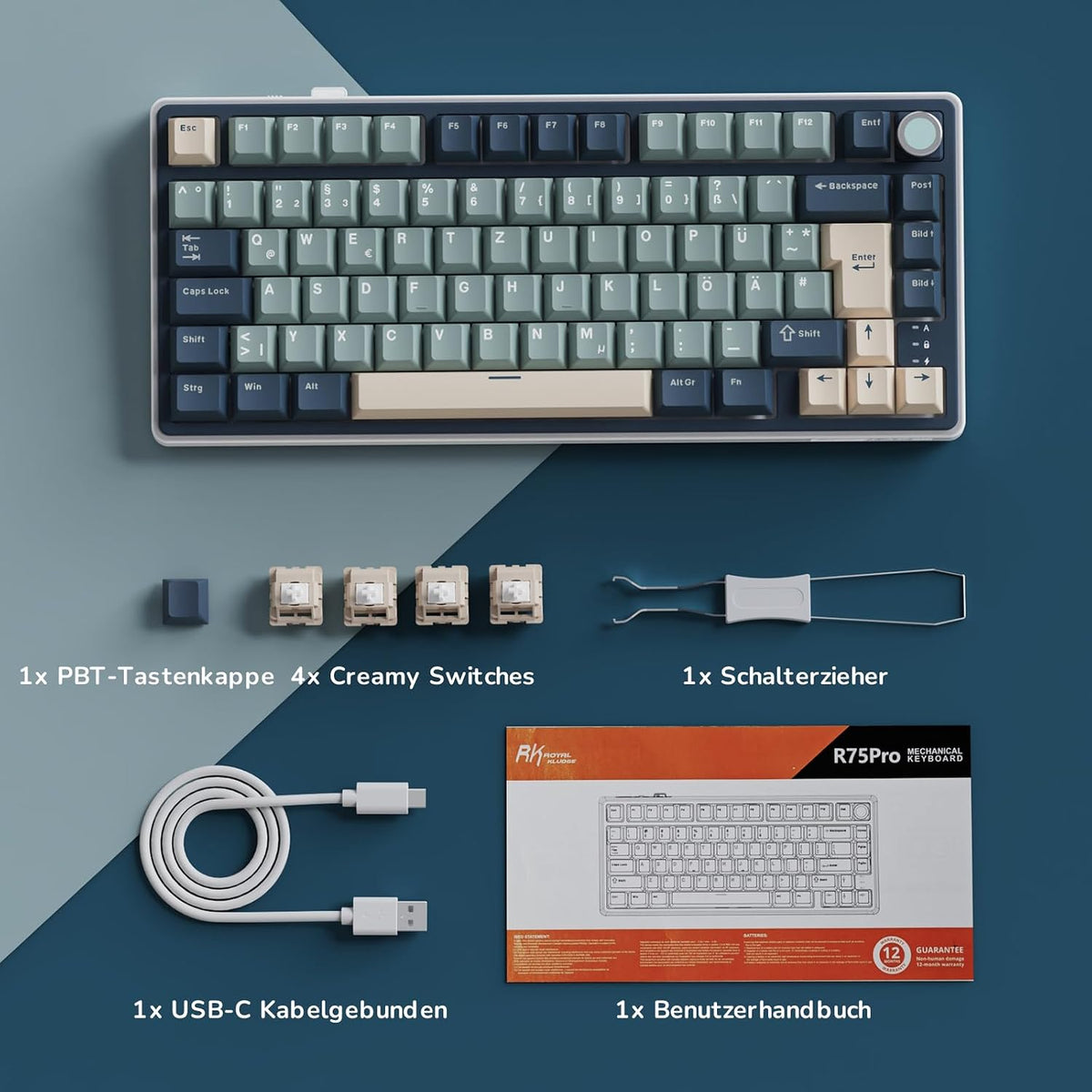 RK ROYAL KLUDGE R75 Mechanische Tastatur Kabellos 75% Blau Creamy Switches