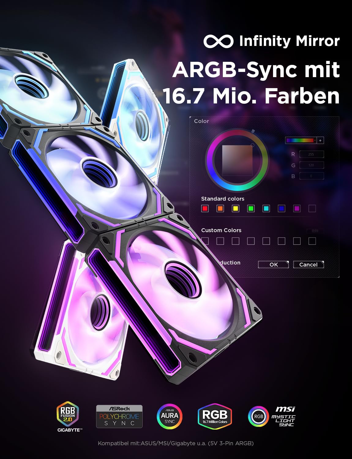 Asiahorse COSMIQ RGB PC Lüfter 120MM Gehäuselüfter, ARGB Daisy Chain PC Lüfter [Infinity Mirror] [FDB] 2000 RPM/68,5 CFM/24 LEDS 4 Pin PWN & 5V 3Pin ARGB Mit Controller. Schwarz