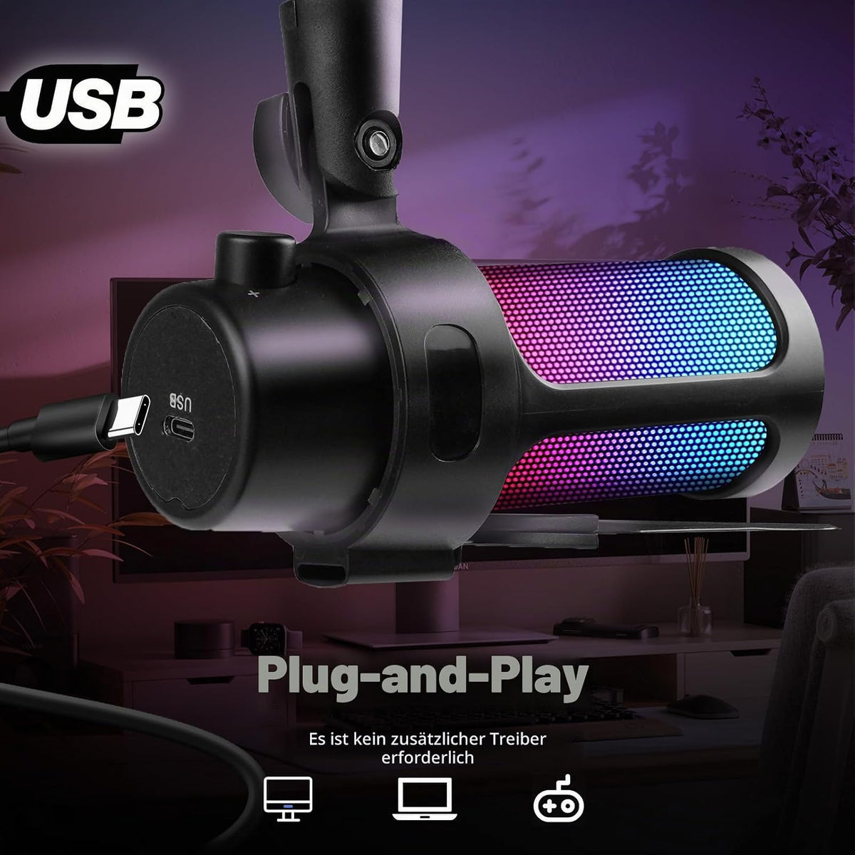 VCOM Gaming Mikrofon Mit Arm, USB Microphone Kit Mit RGB Modi, Mute
