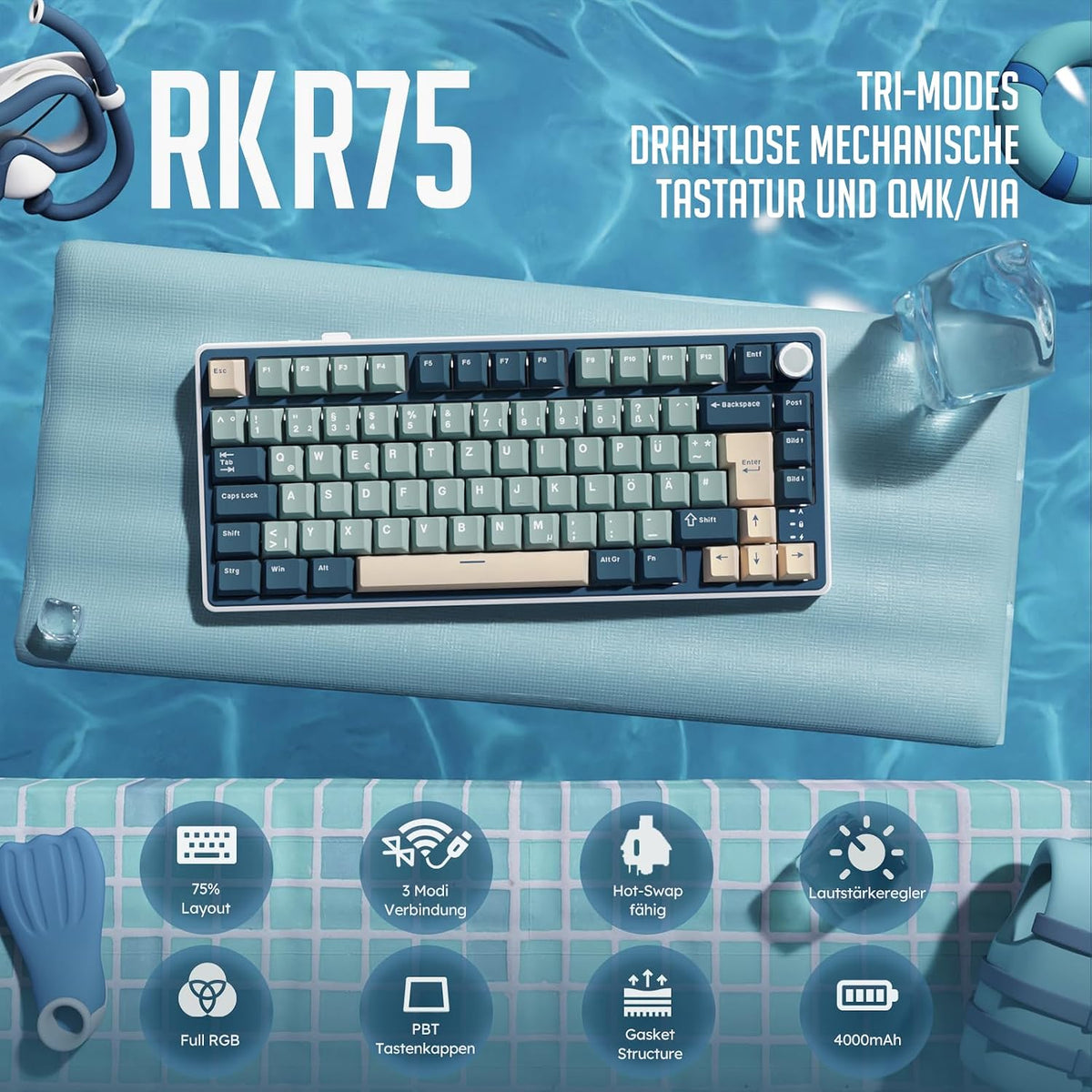 RK ROYAL KLUDGE R75 Mechanische Tastatur Kabellos 75% Blau Creamy Switches
