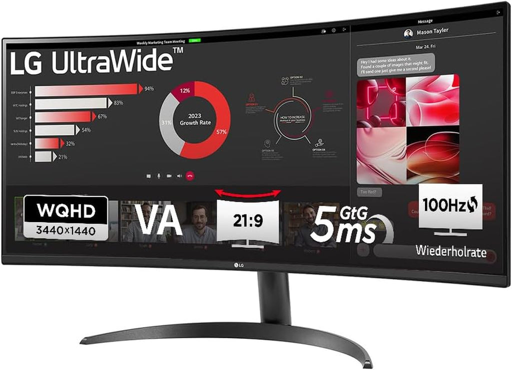 LG Ultrawide™ 34WR50QK-B 34 Zoll 21:9 Curved UWQHD VA Monitor, 100Hz, HDR10, 99% Srgb, 2X HDMI 2.0, 1X Displayport 1.4, Schwarz