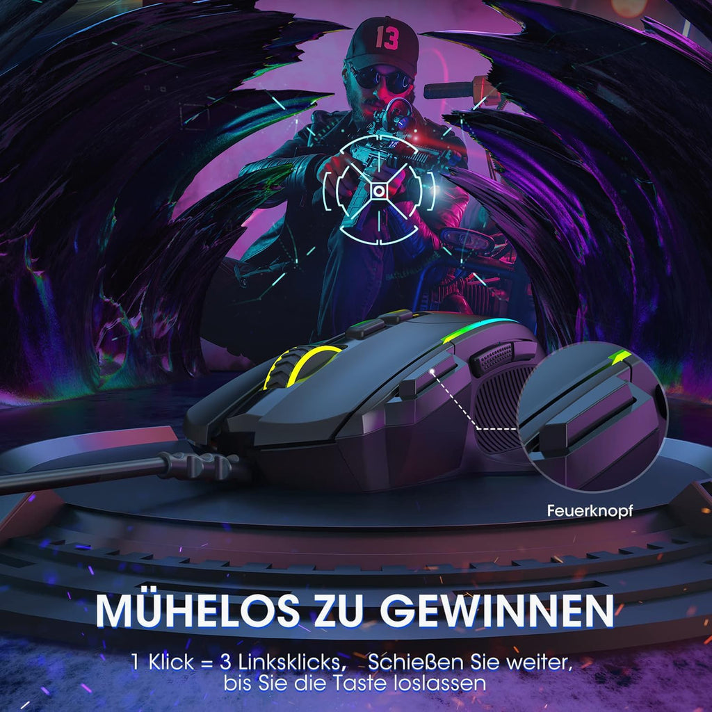 Gaming Maus, Gaming Mouse Mit 8 Programmierbare Tasten Und Einstellbar 8000 DPI, RGB Beleuchtung PC Maus Mit Kabel,Usb-Wired Mouse Mit Feuertaste Ergonomisches Für Mmo,Fps,Moba,Windows,Pc,Mac